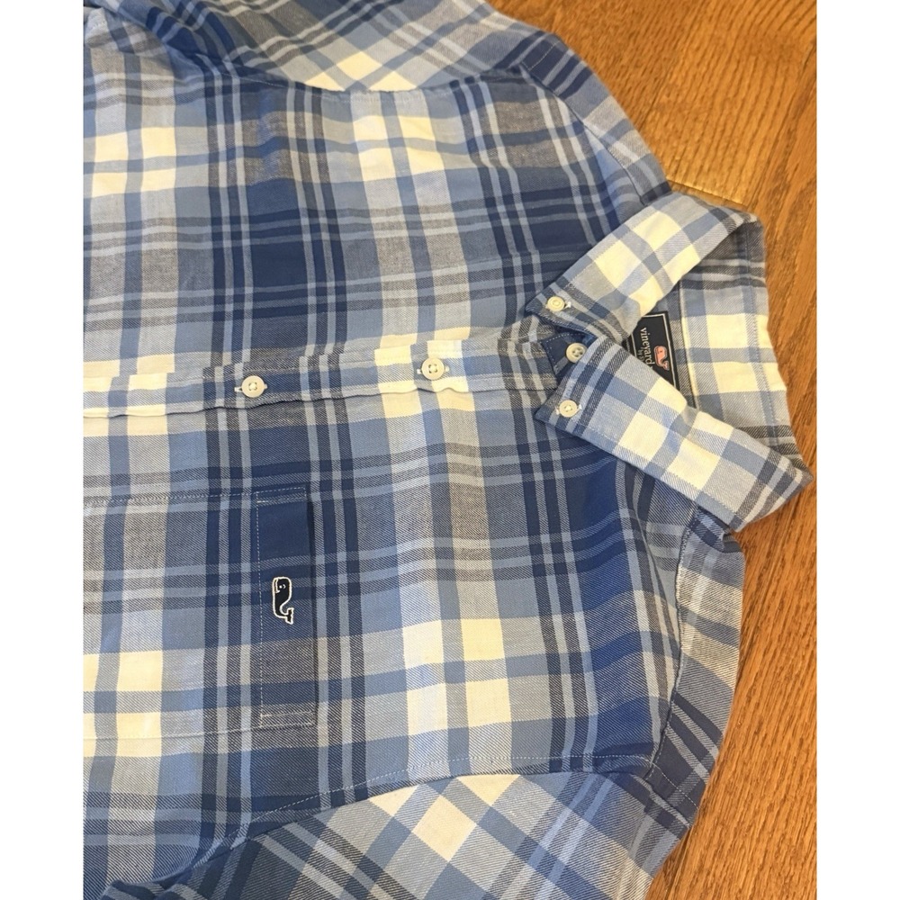 Vineyard Vines Men's Large Slim Fit Tucker Shirt Plaid White Blue Linen Blend